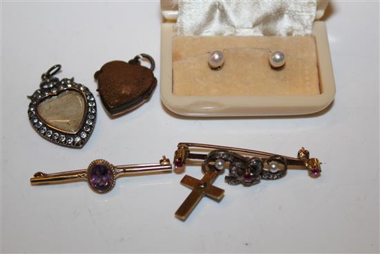 Diamond and ruby brooch, cased studs and 4 other items